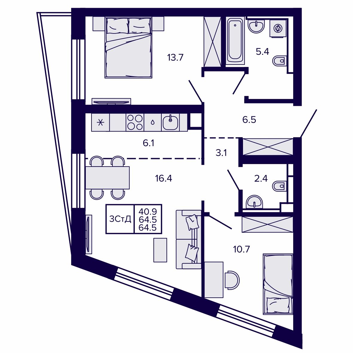 Корпус 3, квартира №10, 64.47 м²
