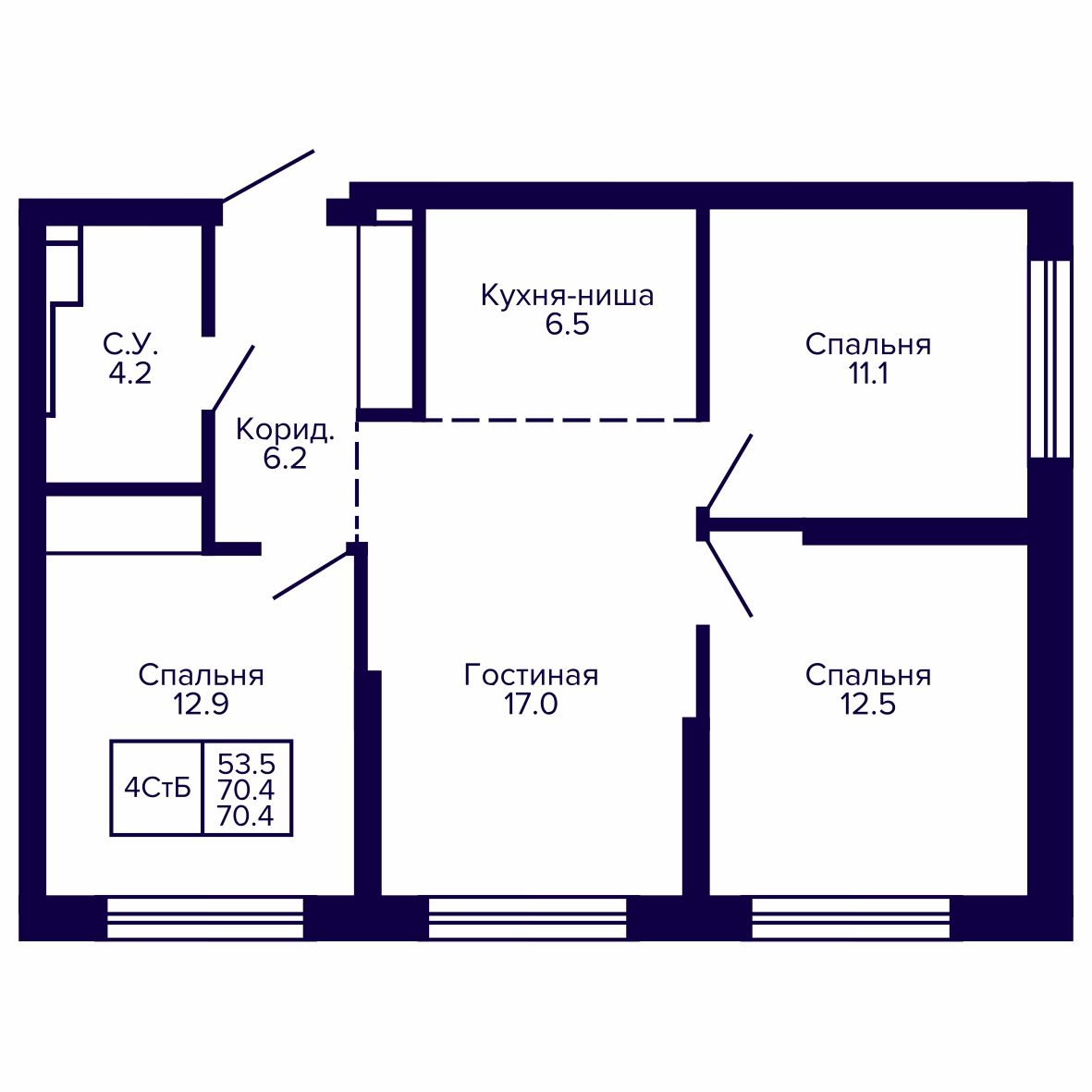 Корпус 2, квартира №101, 70.41 м²