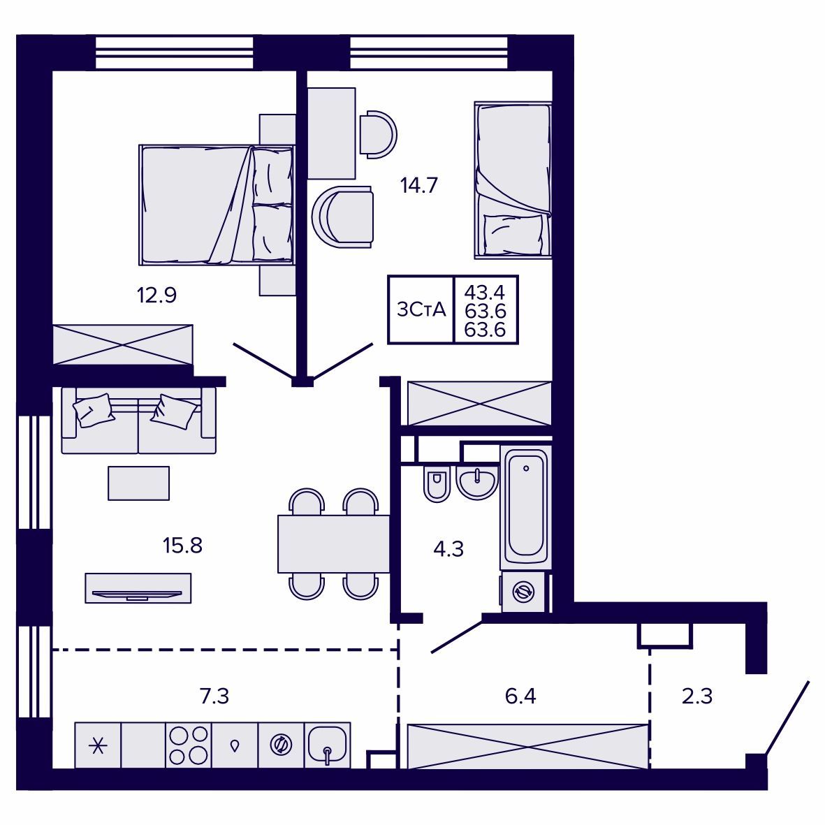 Корпус 2, квартира №58, 63.65 м²